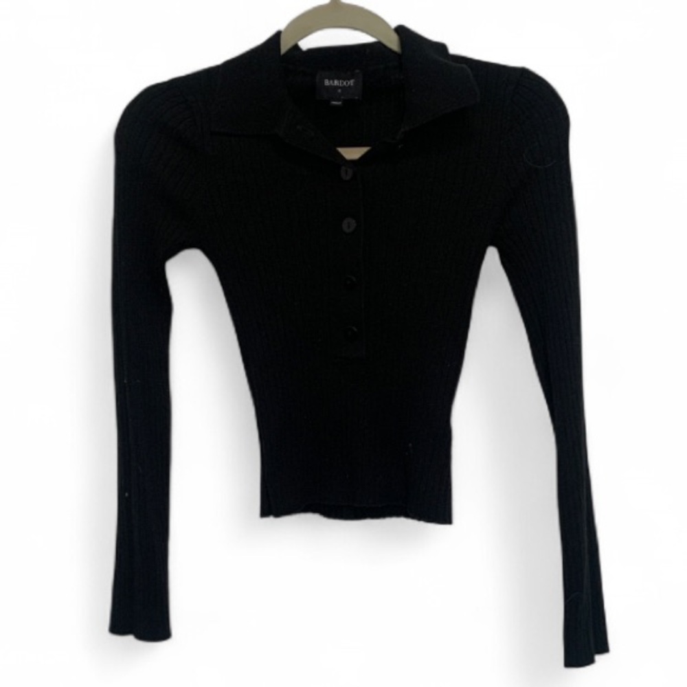 Bardot Black Ribbed Button Neck Cropped Long Sleeve Top Size XS